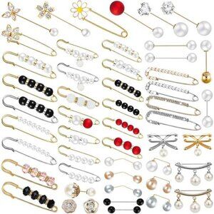 Classic Pearl and Rhinestone Safety Pin Brooch Set 50-Piece Elegant Lapel Pins